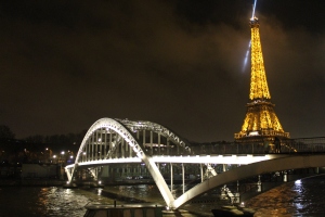 The Eiffel Tower sits lit up as a beacon in the night sky. 